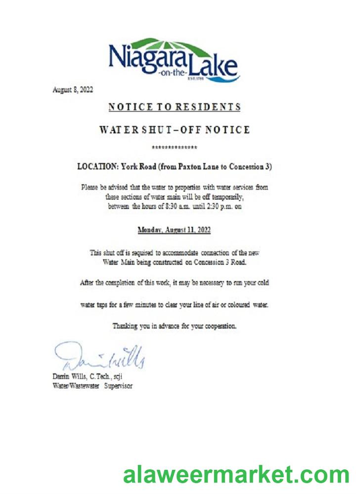 Canada Ontario The Niagara-on-the-Lake water utility shut off notice